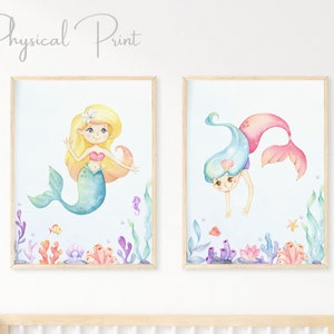 Set of 2 Mermaid Nursery Prints, Mermaid Wall Art, Girls Room Mermaid Prints, Mermaid Decor, Under The Ocean Print