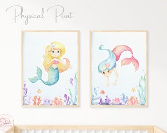 Conjunto de 2 impresiones de guardería de sirena, arte de pared de sirena, impresiones de sirena de habitación para niñas, decoración de sirena, impresión bajo el océano
