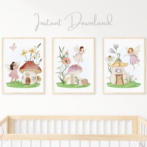 Set of 3 Fairy Garden Prints, Kids Fairy Prints, Nursery Wall Art, Nursery Fairy Theme Decor, Girls Fairy Wall Art, Floral Fairy Prints