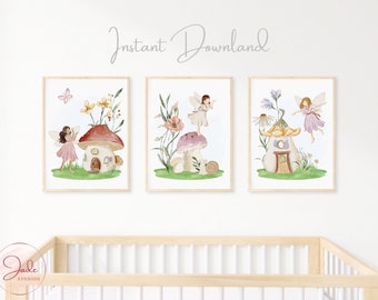 Set of 3 Fairy Garden Prints, Kids Fairy Prints, Nursery Wall Art, Nursery Fairy Theme Decor, Girls Fairy Wall Art, Floral Fairy Prints