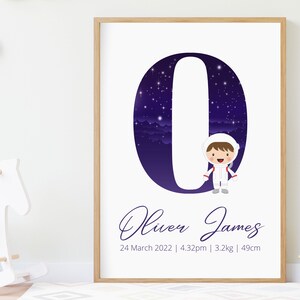 Impresión de nombre personalizada: póster de nacimiento, astronauta galáctico, impresión inicial de guardería personalizada, impresión de carta personalizada