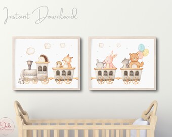 Woodland Animal Train Nursery Prints, Set of 2 (Digital Download)