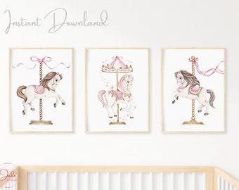 Set of 3 Pink Carousel Horses, Nursery Wall Art, Nursery Carousel Print, Merry Go Round, Nursery Carnival Prints, Nursery Circus