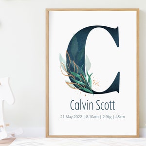 Impresión de nombre personalizada: póster de nacimiento, oro verde, impresión inicial de guardería personalizada, impresión de letras personalizada