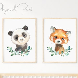 Set of 2 Pandas, Giant Panda and Red Panda, Bamboo, Kids Bedroom Wall Art, Nursery Prints, Baby Gifts