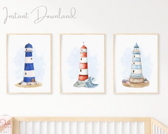 Set of 3 Nautical Lighthouse Prints, Nursery Nautical Theme, Baby Boy Nursery Decor, Baby Gifts, Nursery Wall Art, Nautical Decor