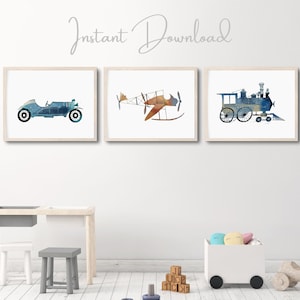 Set of 3 Retro Vintage Transport Vehicle Prints, Nursery Transport Prints, Boys Bedroom Decor, Nursery Wall Art