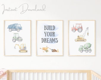Set of 3 Construction Vehicles Print, Construction Wall Art, Boys Bedroom Wall Art, Build your dreams, Nursery Prints