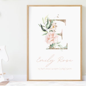 Personalised Name Print - Birth Poster, Pink Floral Print, Custom Nursery Initial Print