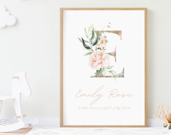 Personalised Name Print - Birth Poster, Pink Floral Print, Custom Nursery Initial Print