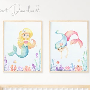 Set of 2 Mermaid Nursery Prints, Mermaid Wall Art, Girls Room Mermaid Prints, Mermaid Decor, Under The Ocean Print