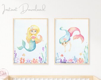 Set of 2 Mermaid Nursery Prints, Mermaid Wall Art, Girls Room Mermaid Prints, Mermaid Decor, Under The Ocean Print