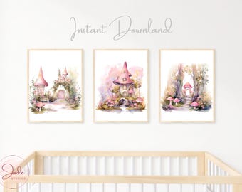 Set of 3 Whimsical Fairy Garden Prints, Kids Fairy Prints, Nursery Wall Art, Nursery Fairy Theme Decor, Girls Fairy Wall Art