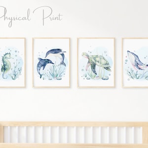 Conjunto de 4 impresiones bajo el mar, póster de criaturas oceánicas, tema náutico de guardería, impresiones neutrales de género, arte de pared de guardería, decoración del océano