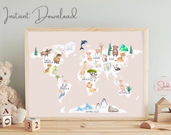 Animal World Map Print, Pink World Map, Nursery Wall Art, Watercolour World Map Print, Map of the World
