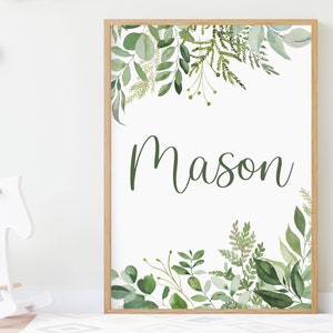 Personalised Name Print - Birth Poster, Botanical Green Prints, Custom Nursery Name Print, Baby Boy Gifts, Boys Room Prints, Boys Green Art