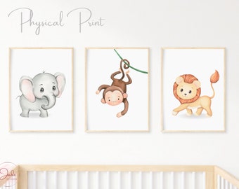 Set of 3 Safari Animal Prints, Nursery Wall Art, Nursery Safari Decor, Safari Nursery Prints, Elephant Monkey Lion
