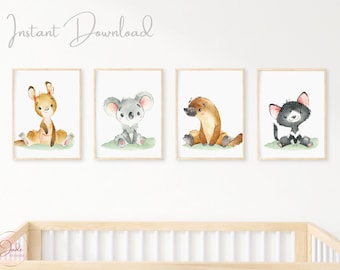 Set of 4 Australian Animals Prints, Gender Neutral, Nursery Decor, Kangaroo Koala Platypus, Australian Nursery Prints, Aussie Animals