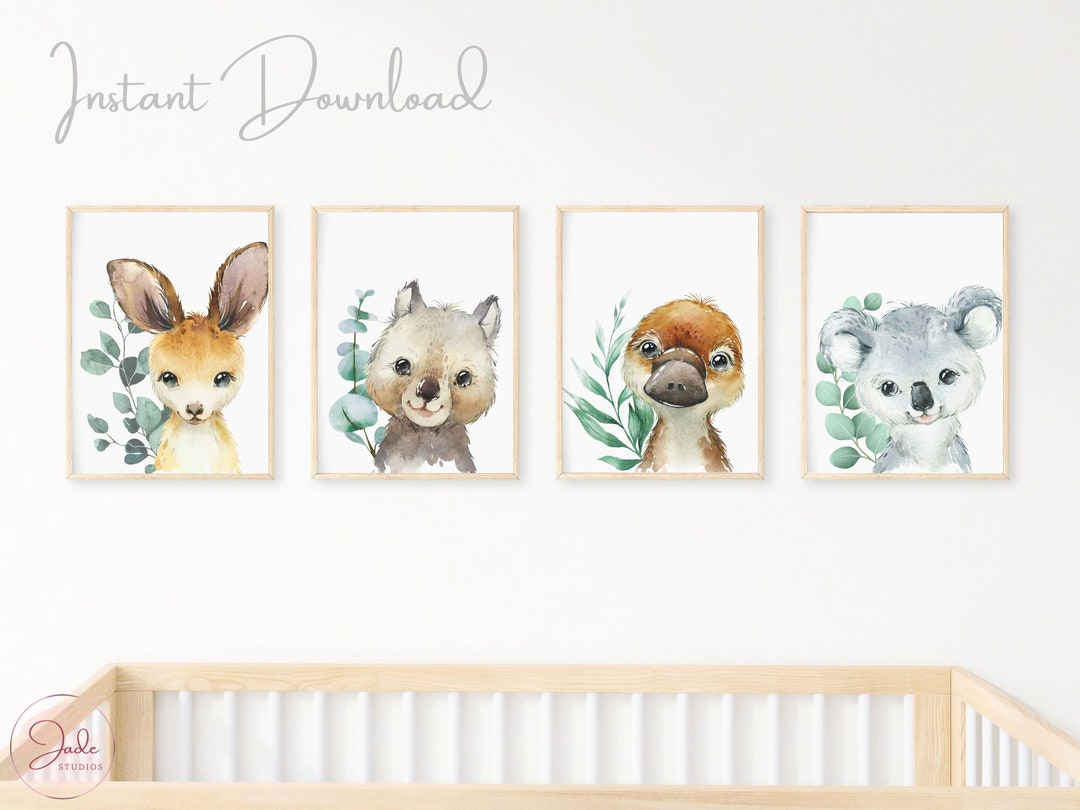 Set of 4 Australian Animals Prints, Eucalyptus, Nursery Decor, Kangaroo ...
