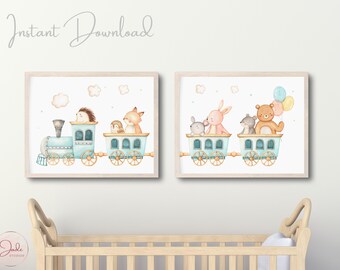 Woodland Animal Train Nursery Print Set (Digital Download)