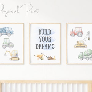 Set of 3 Construction Vehicles Print, Construction Wall Art, Boys Bedroom Wall Art, Build your dreams, Nursery Prints