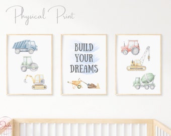 Set of 3 Construction Vehicles Print, Construction Wall Art, Boys Bedroom Wall Art, Build your dreams, Nursery Prints
