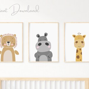 Set of 3 Safari Animal Prints, Nursery Wall Art, Nursery Safari Decor, Safari Nursery Prints, Jungle Animals, Lion Hippo Giraffe