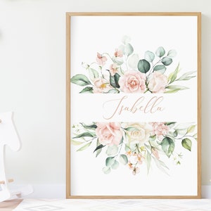 Personalised Name Print, Pink Floral, Custom Nursery Name Print, Baby Girl Gifts