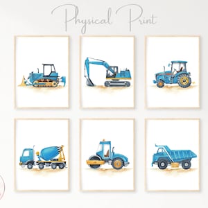 Set of 6 Construction Prints, Construction Vehicles, Boys Bedroom Wall Art, Boys Bedroom Decor, Construction Nursery Decor, Blue Trucks