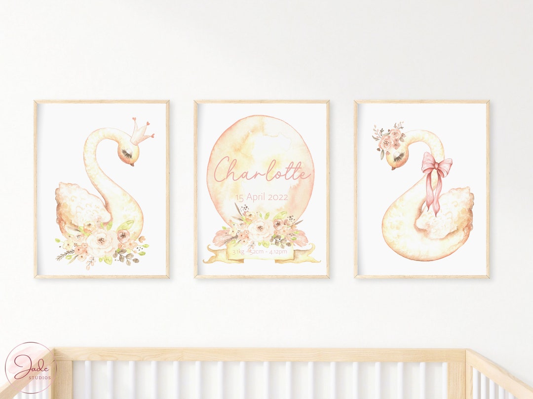 Set of 3 Personalised Name Print, Boho Floral Swan Print, Swan Wearing ...