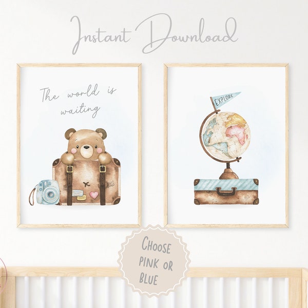 Set of 2 Travel Nursery Prints, Bear Sitting on Suitcase, The World is Waiting, Kids Travel Prints, Travel Theme Nursery