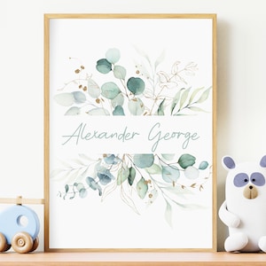 Personalised Name Print, Green Botanical Print, Custom Nursery Name Print