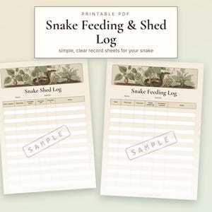May include: A printable PDF snake feeding and shed log featuring two record sheets with a vintage botanical illustration of a snake and plants at the top. The sheets include columns for tracking dates, species, shed details, and feeding information.