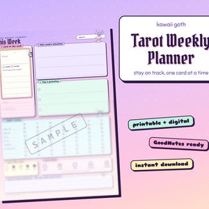 May include: A weekly planner page with a pastel color scheme featuring sections for tarot card of the week, intentions, and priorities. The text reads Kawaii Goth Tarot Weekly Planner, stay on track, one card at a time, printable + digital, GoodNotes ready, and instant download.