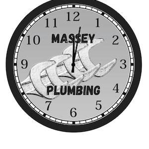 May include: Black and white clock with a gray face. The clock has a black rim and black hands. The face of the clock has the words "MASSEY PLUMBING" and the numbers 1 through 12 around the edge. The clock is decorated with silver wrench shapes.