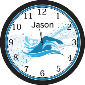 May include: A white clock face with black numbers and hands. The clock face has a blue and white wave design with a swimmer silhouette. The name "Jason" is printed at the top of the clock face.