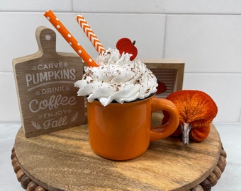 Cute Mini Orange Fall Mug with Faux Custom Mug Topper  - Tray Decor