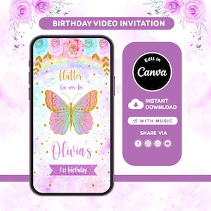 Butterfly Birthday Invitation Video , Floral Girl 1st Birthday Invite, Editable Canva Template imagem 1