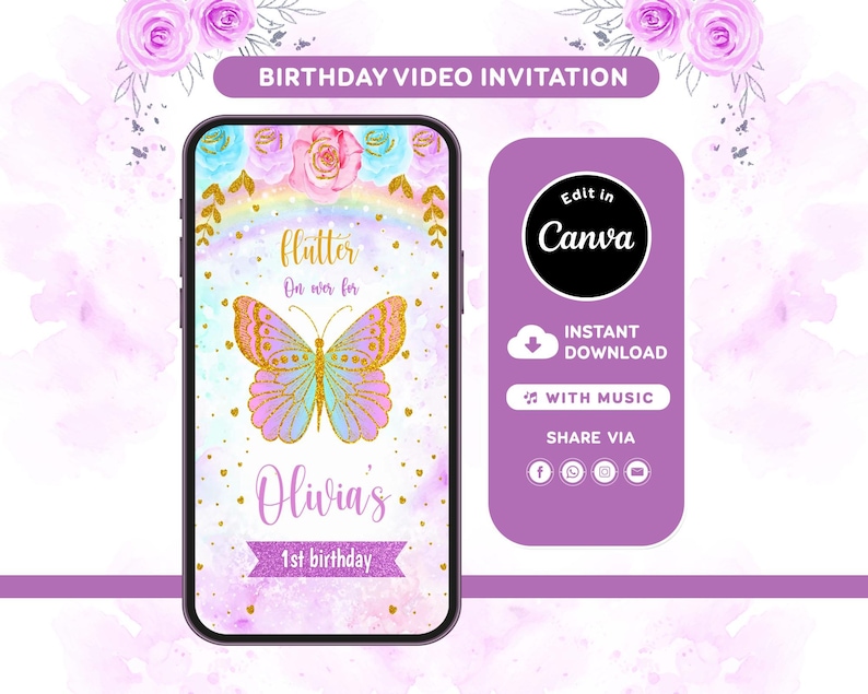 Butterfly Birthday Invitation Video , Floral Girl 1st Birthday Invite, Editable Canva Template imagem 1