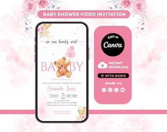 Pink Teddy Bear Baby Shower Invitation | Editable Canva Template | Bearly Wait Shower Invite
