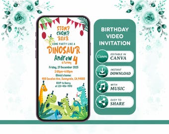 Dinosaur Birthday Invitation Video, Jurassic T-Rex Party Invite, Editable Canva Template