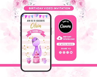 May include: A digital birthday video invitation displayed on a smartphone screen featuring a purple dinosaur wearing a crown, a pink cake, and gold stars against a striped background. The text reads JOIN US TO CELEBRATE Olivia IS TURNING SIX.