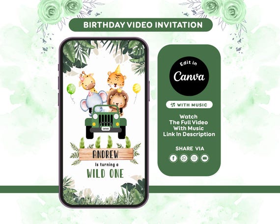 Safari Birthday Invitation, Wild One Birthday Invitation, Jungle Animals Birthday Invitation, Video Invitation, Editable Canva Template