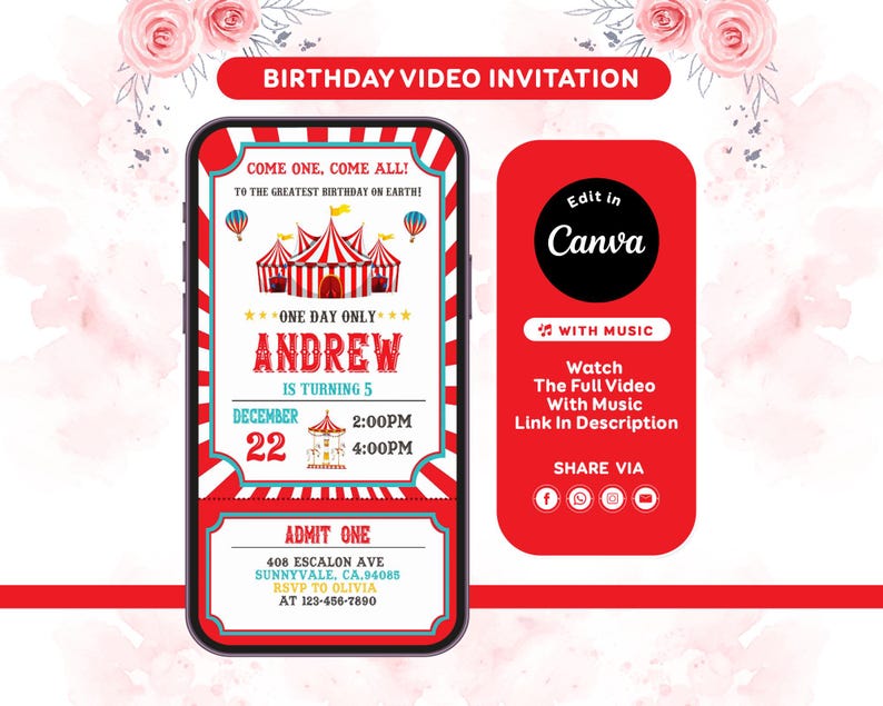 Puede incluir: Una invitaci&oacute;n de video de cumplea&ntilde;os digital en la pantalla de un tel&eacute;fono inteligente con un tema de carpa de circo roja y blanca. El texto dice Come One, Come All, Andrew Is Turning 5, December 22, 2:00PM-4:00PM y Admit One con detalles de RSVP.