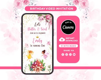 Vídeo de convite de aniversário com tema de fadas | Convite para festa na floresta encantada | Modelo editável no Canva