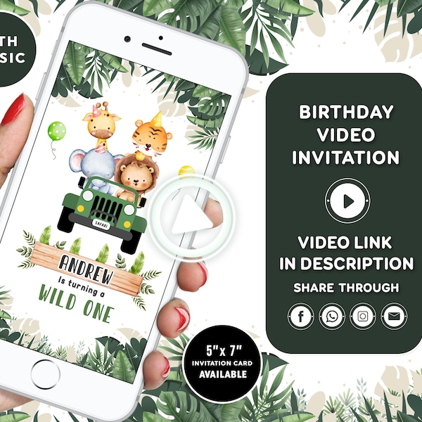 Safari Birthday Invitation Wild One 1st Birthday Invite Jungle Animals invitation Jungle Birthday Video Invitation Jungle Safari Invitation