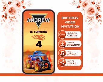 Monstertruck-Geburtstagseinladung Video | Monster Jam Party einladen | Bearbeitbare Canva Vorlage