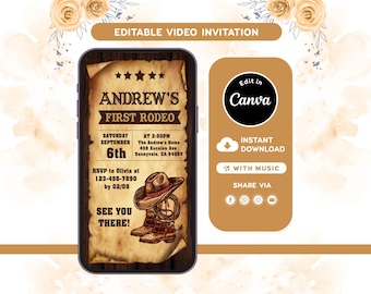 Invitación en video de cumpleaños con temática de rodeo / Plantilla editable de Canva / Vaquero del Salvaje Oeste