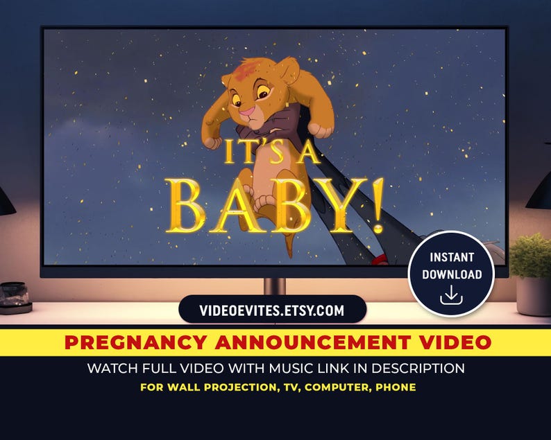 Puede incluir: Un anuncio de v&iacute;deo digital para una revelaci&oacute;n de embarazo. El v&iacute;deo presenta a un cachorro de le&oacute;n de dibujos animados de la pel&iacute;cula El Rey Le&oacute;n. El texto en la pantalla dice "&iexcl;Es un beb&eacute;!" con un fondo estrellado. El v&iacute;deo est&aacute; disponible para descarga instant&aacute;nea.