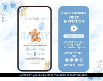 Teddy bear baby shower invitation We Can Bearly Wait Baby Shower Invitation bear with balloons baby shower Video Invitation